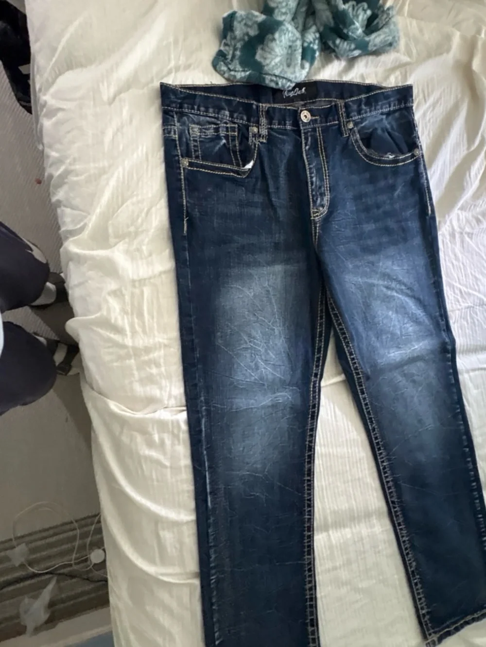 True Religion Dark Blue Bootcut Jeans with Contrast Stitching